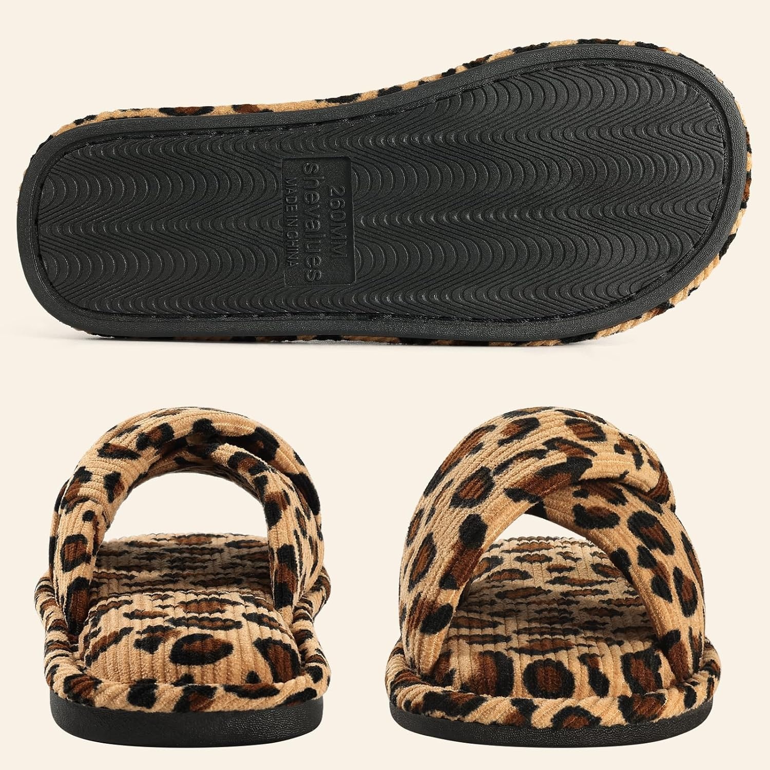 image:imageEvshine Summer House Slippers for Women Corduroy Open Toe Indoor SlippersLeopard
