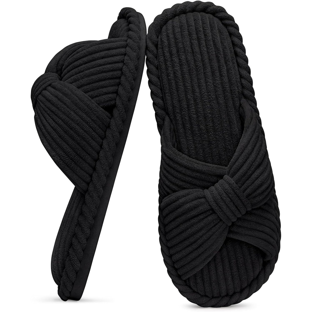 image:imageEvshine Summer House Slippers for Women Corduroy Open Toe Indoor SlippersBlack