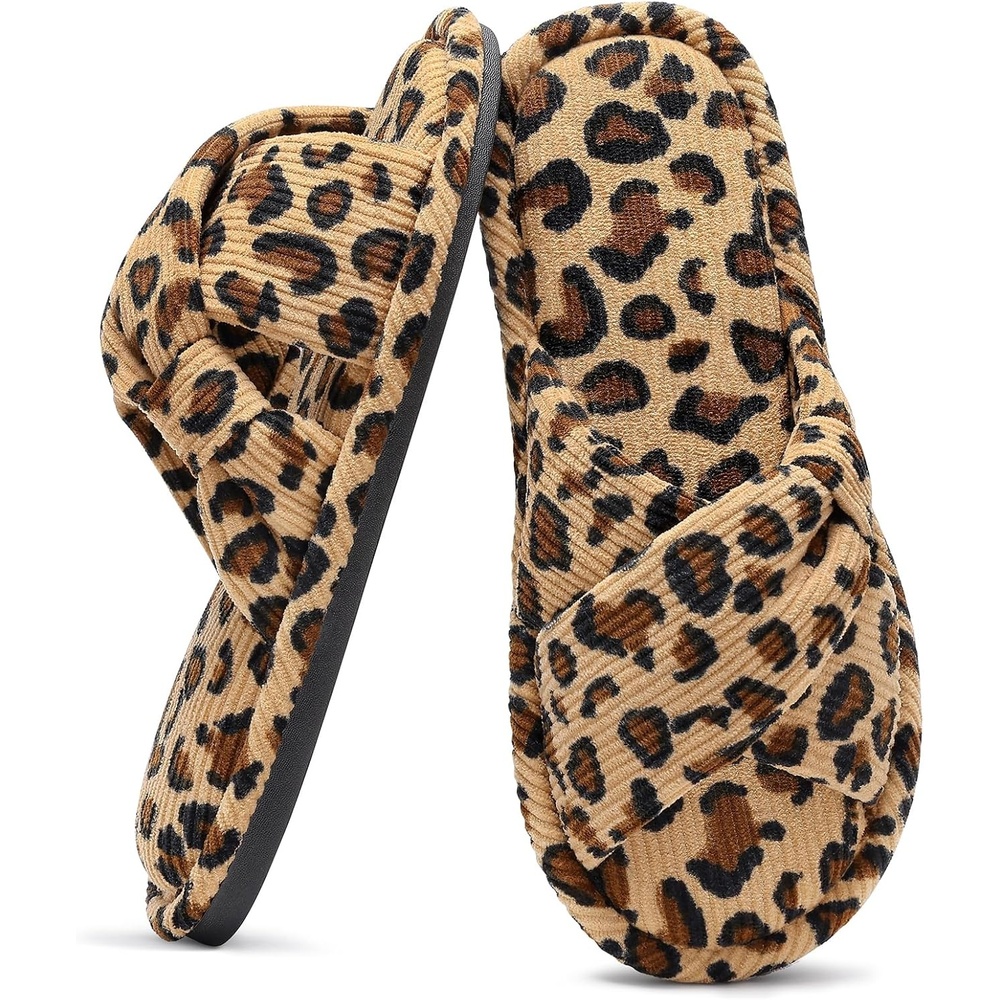 image:imageEvshine Summer House Slippers for Women Corduroy Open Toe Indoor SlippersLeopard