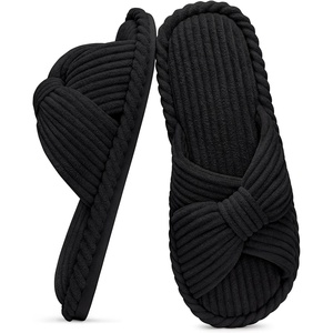 Evshine Summer House Slippers for Women Corduroy Open Toe Indoor Slippers(Black)