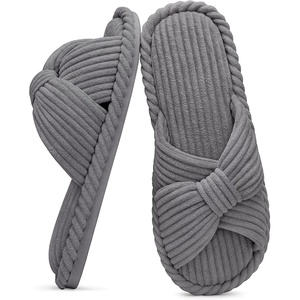 Evshine Summer House Slippers for Women Corduroy Open Toe Indoor Slippers(Grey)