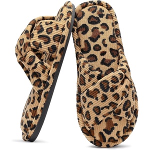 Evshine Summer House Slippers for Women Corduroy Open Toe Indoor Slippers(Leopard)