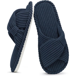 Evshine Summer House Slippers for Women Corduroy Open Toe Indoor Slippers(Navy)