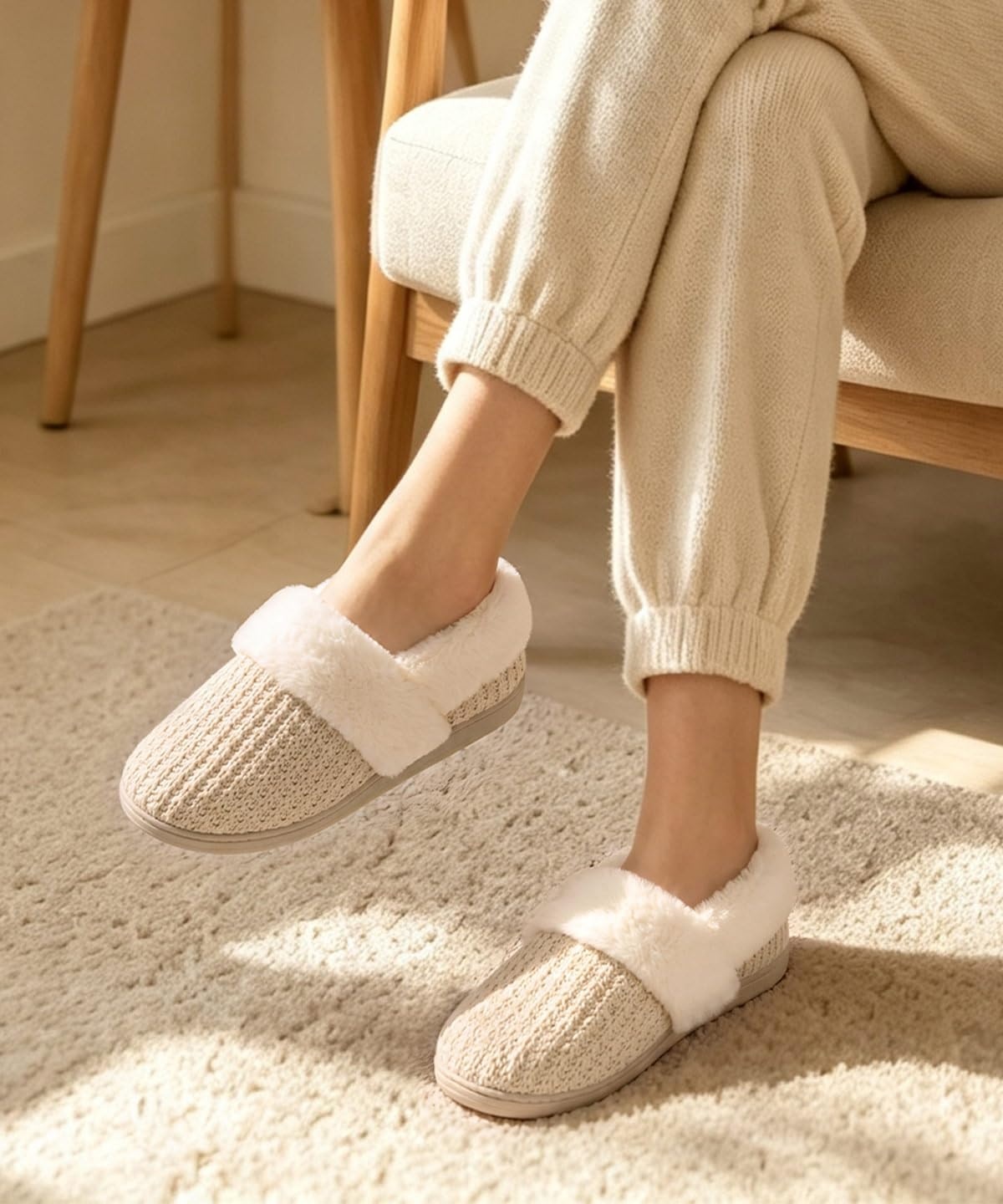 image:imageEvshine Fuzzy Memory Foam Slippers for Women Closed Back Knit House ShoesBeige