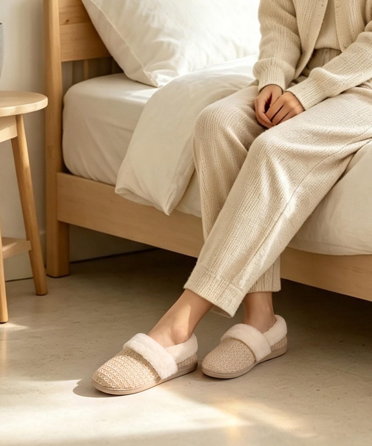 image:imageEvshine Fuzzy Memory Foam Slippers for Women Closed Back Knit House ShoesBeige