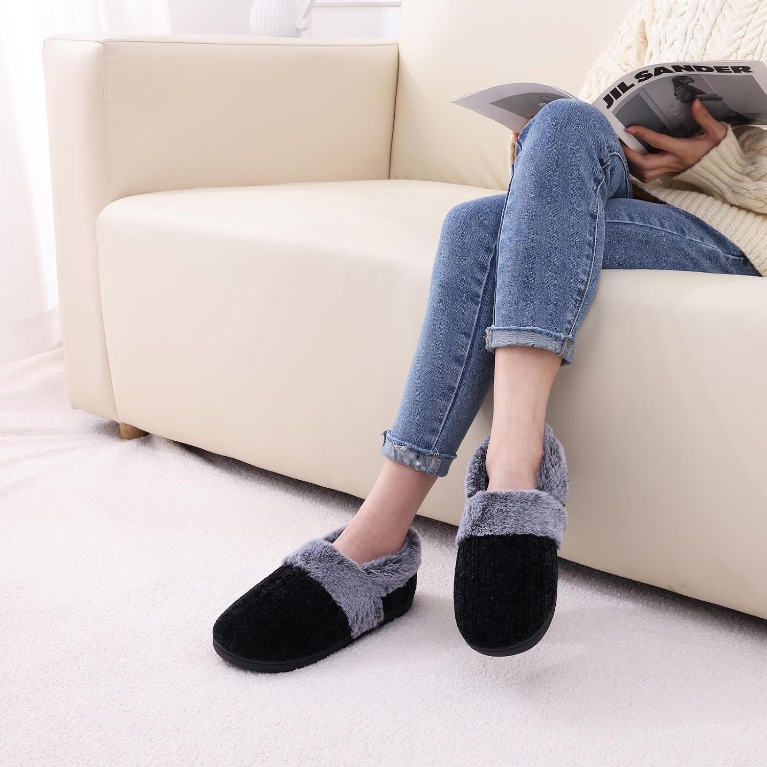 image:imageEvshine Fuzzy Memory Foam Slippers for Women Closed Back Knit House ShoesBlack