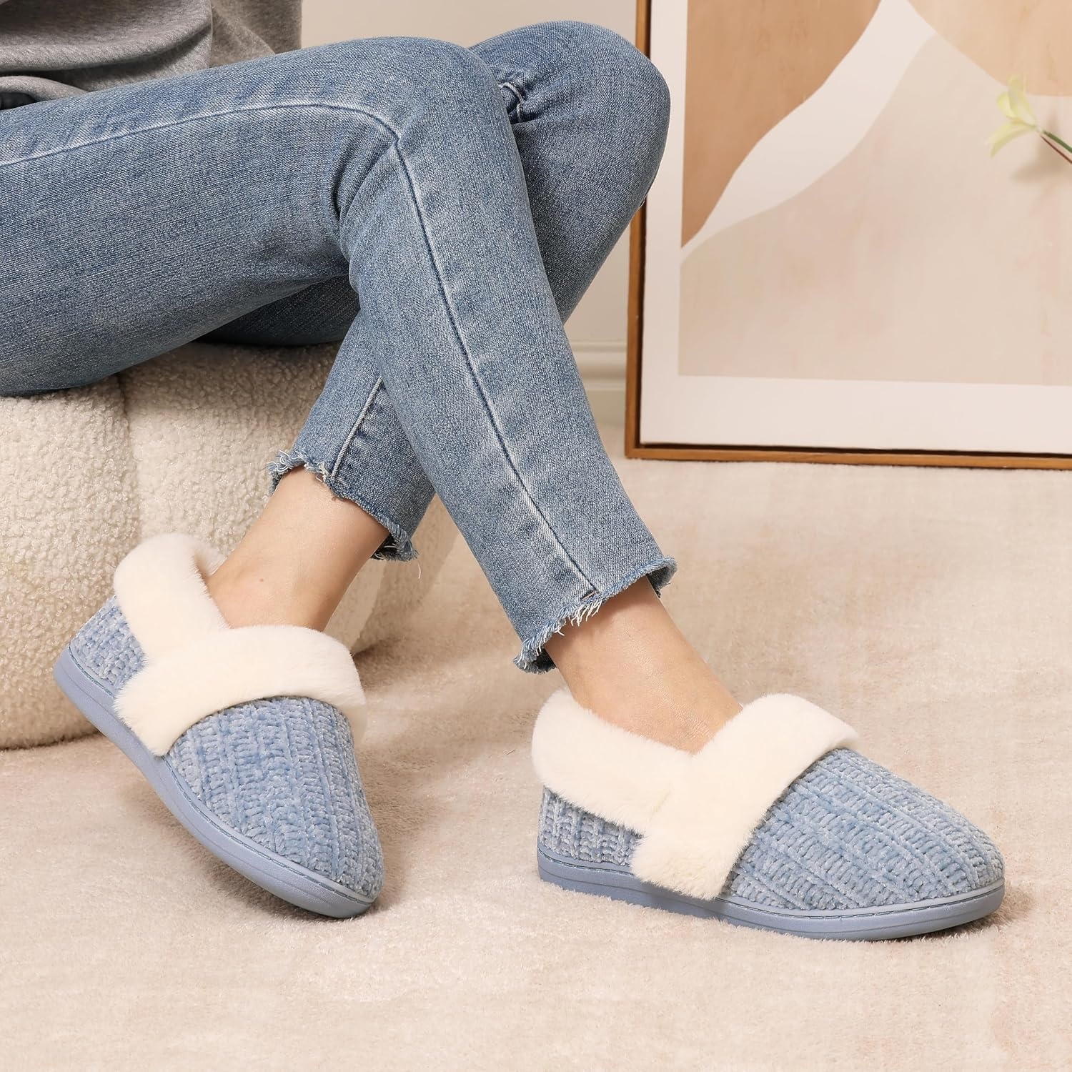 image:imageEvshine Fuzzy Memory Foam Slippers for Women Closed Back Knit House ShoesBlue