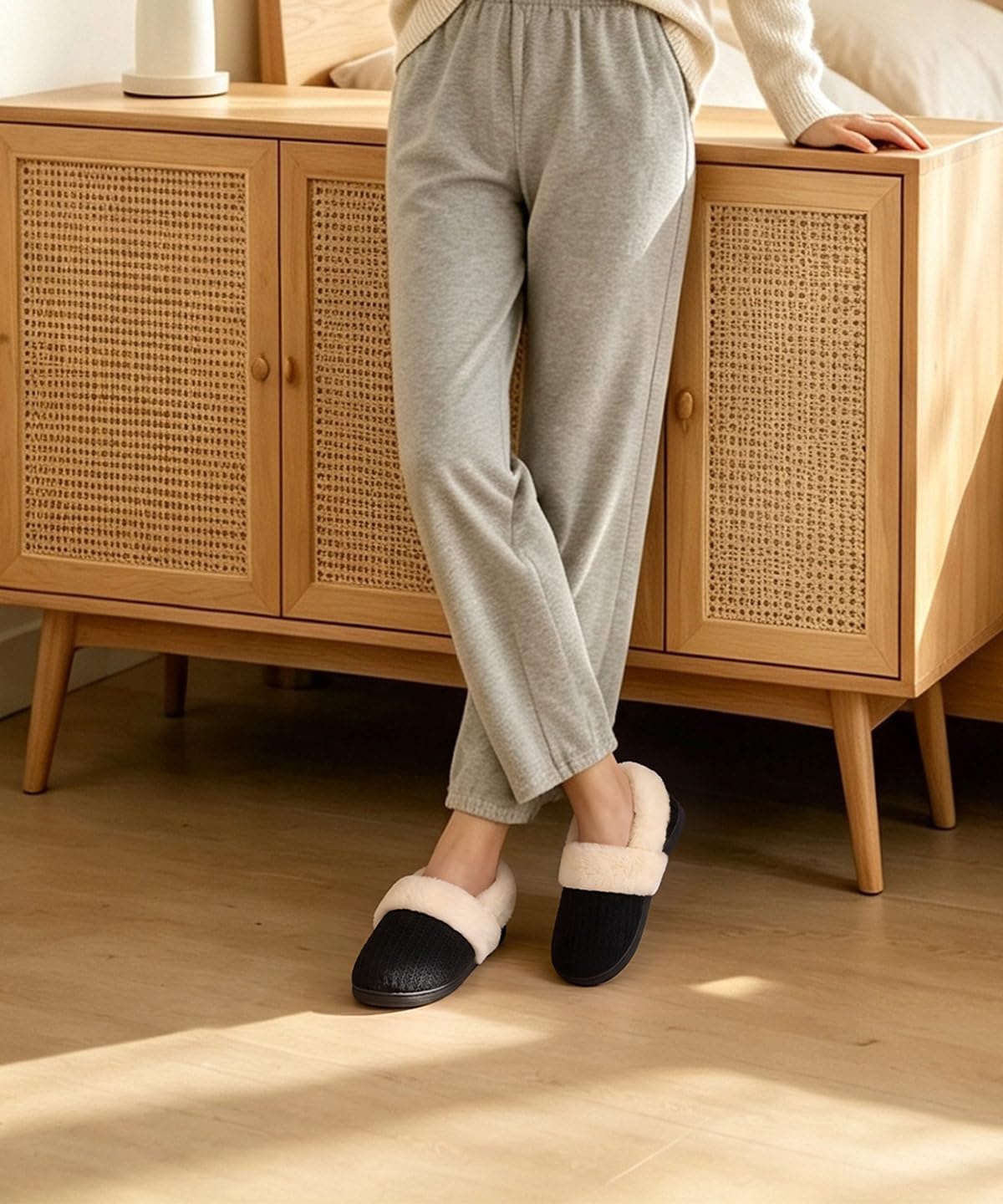 image:imageEvshine Fuzzy Memory Foam Slippers for Women Closed Back Knit House ShoesDeep Black