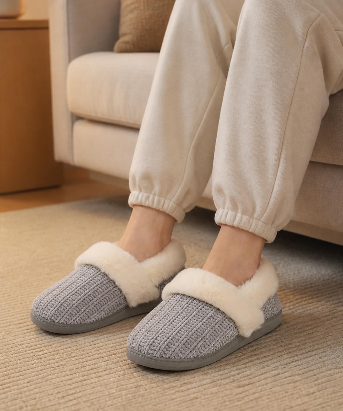 image:imageEvshine Fuzzy Memory Foam Slippers for Women Closed Back Knit House ShoesGrey
