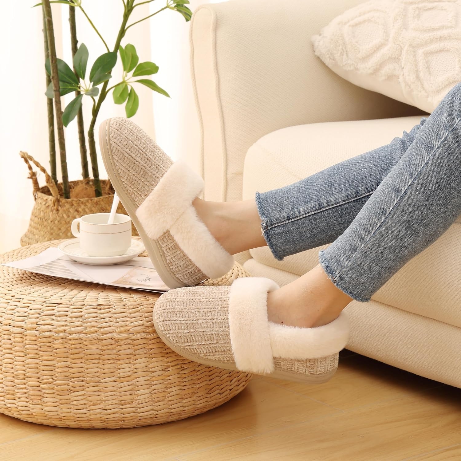 image:imageEvshine Fuzzy Memory Foam Slippers for Women Closed Back Knit House ShoesKhaki