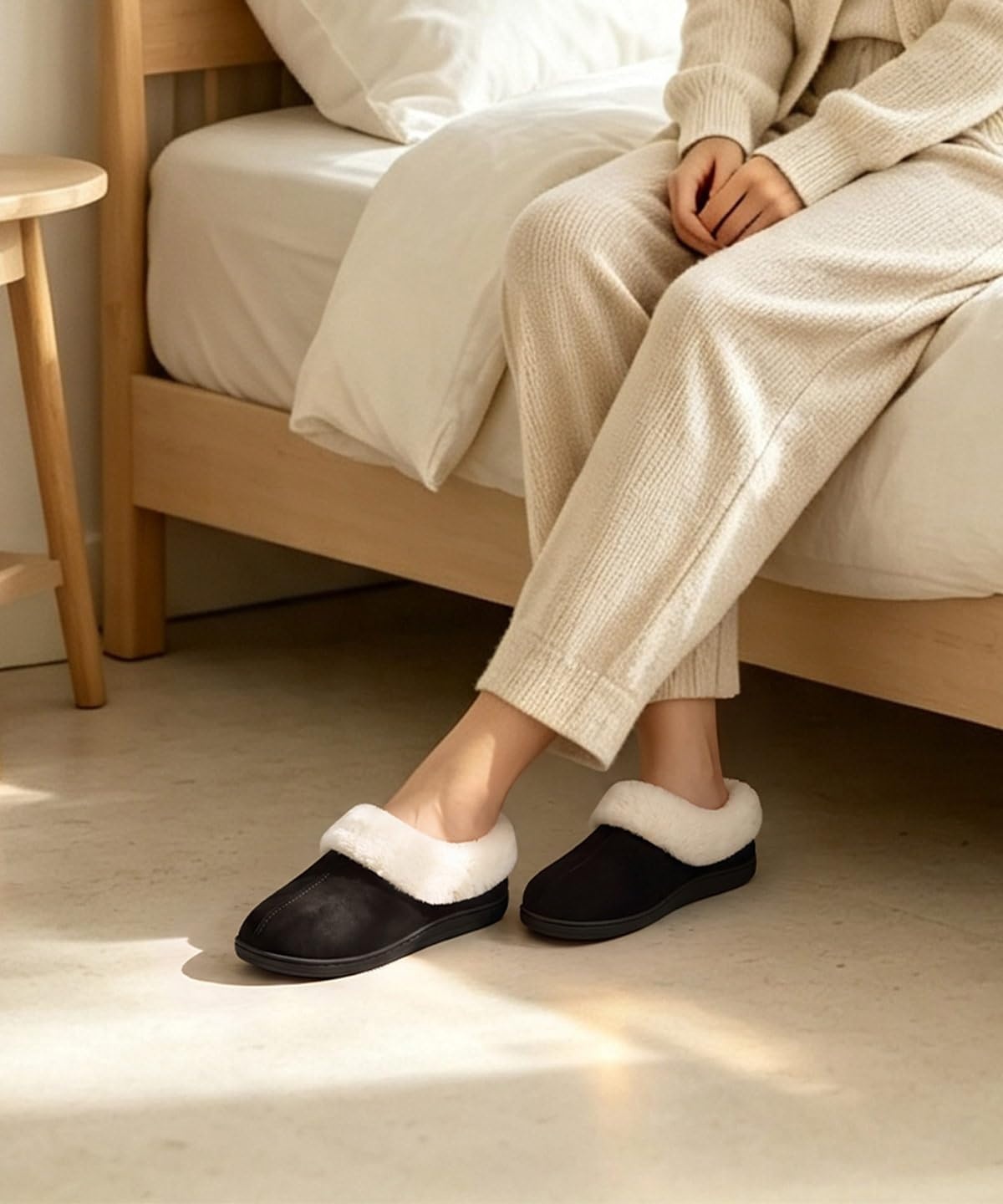 image:imageEvshine Fuzzy Memory Foam Slippers for Women Closed Back Knit House ShoesMatte Black