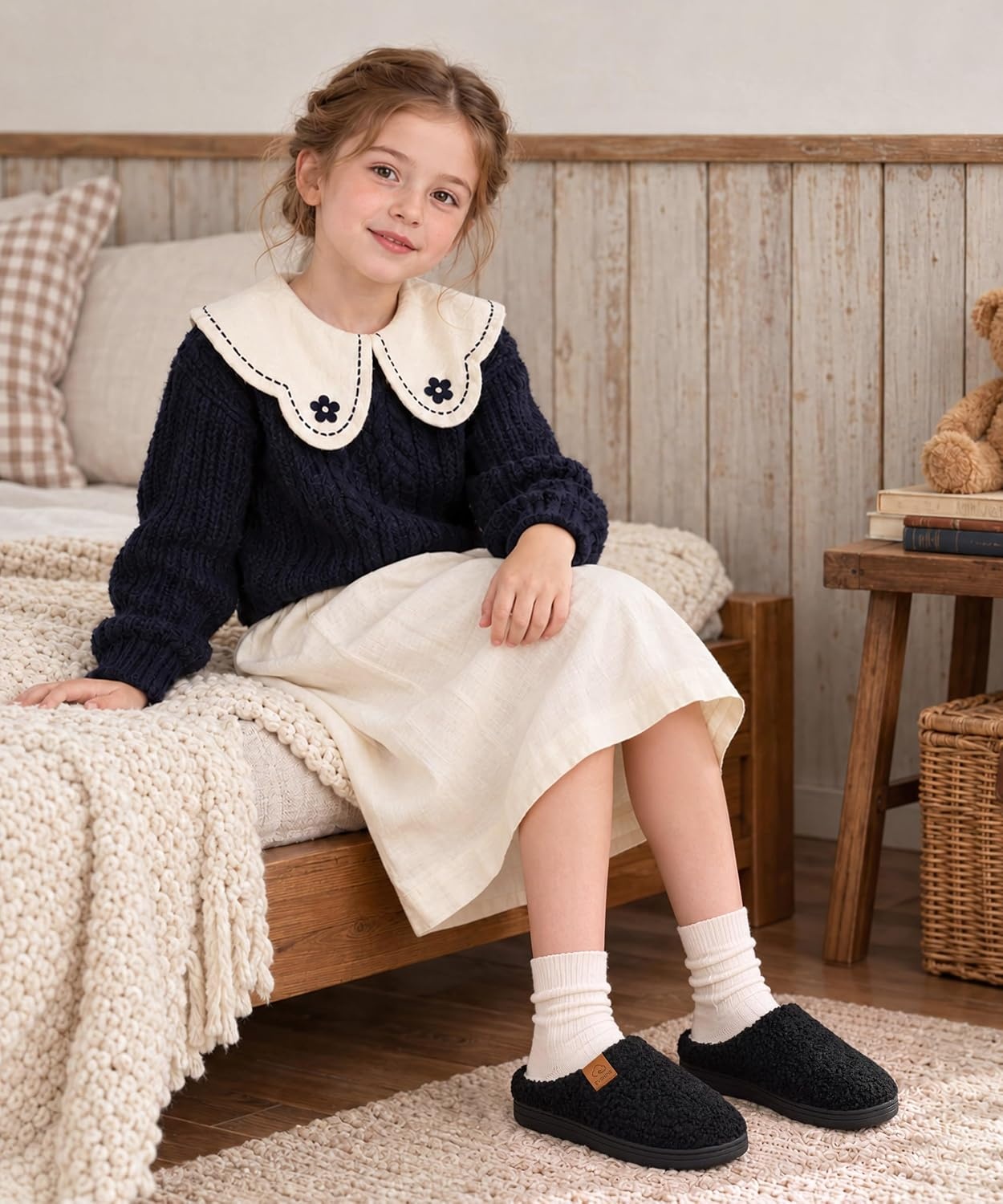 image:imageEvshine Kids Slippers Girls Boys Curly Plush Memory Foam House SlippersBlack