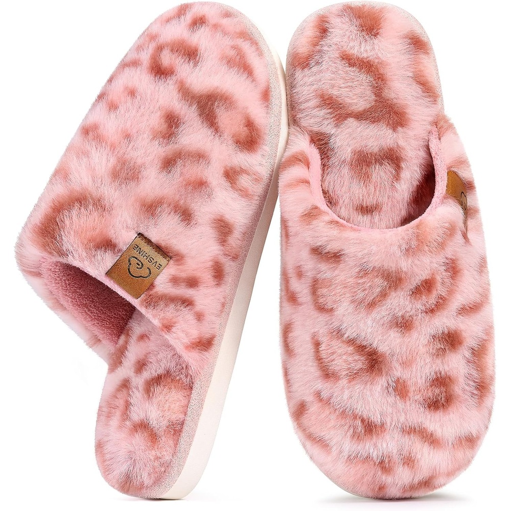 image:imageEvshine Fuzzy House Slippers for Women with Comfortable Memory FoamCheetah Pink