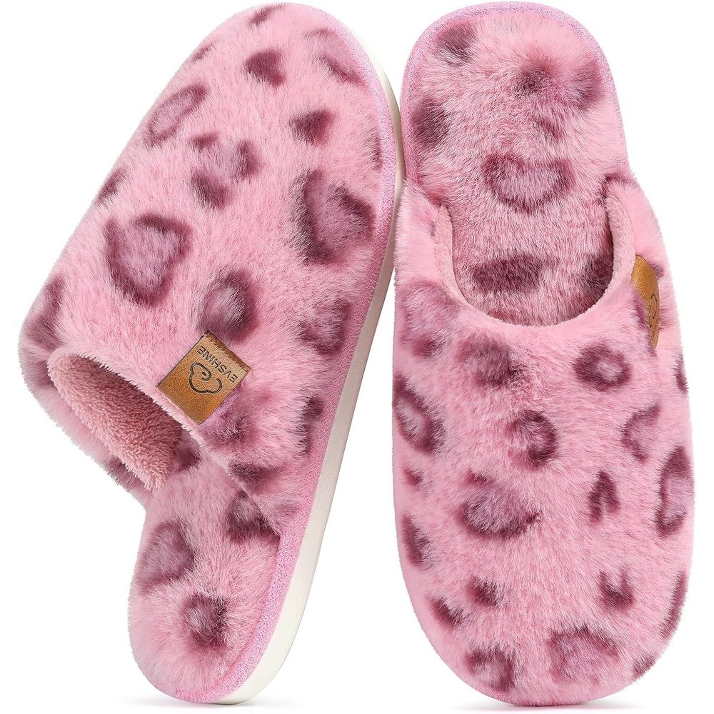 image:imageEvshine Fuzzy House Slippers for Women with Comfortable Memory FoamLeopard Pink