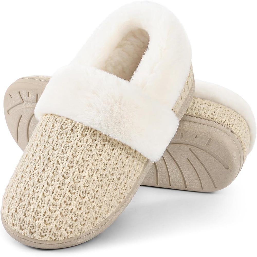 image:imageEvshine Fuzzy Memory Foam Slippers for Women Closed Back Knit House ShoesBeige