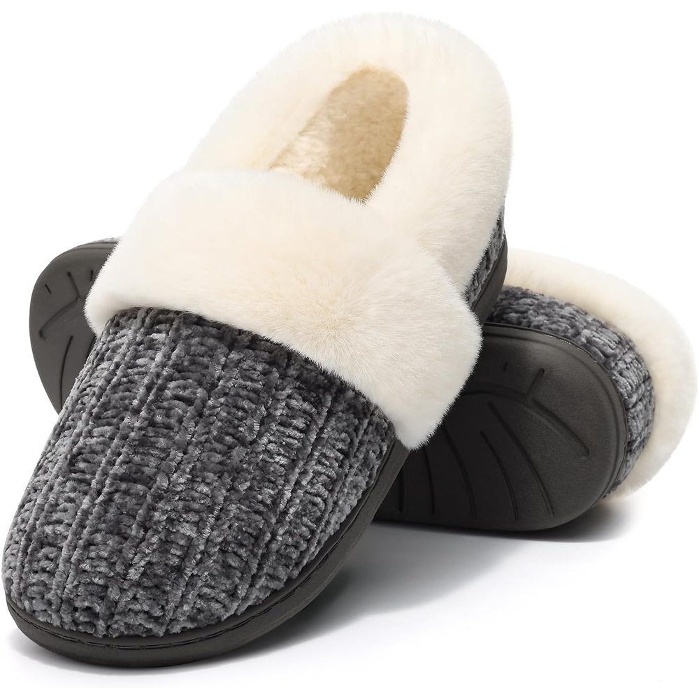 image:imageEvshine Fuzzy Memory Foam Slippers for Women Closed Back Knit House ShoesDark Grey