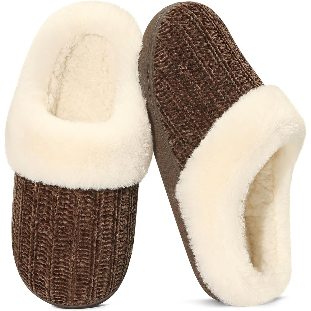 image:imageEvshine Womens Chenille Knit Fuzzy Slippers Memory Foam Warm House ShoesLight Brown