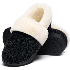 Evshine Fuzzy Memory Foam Slippers for Women Closed Back Knit House Shoes(Black/White)