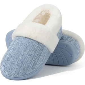 Evshine Fuzzy Memory Foam Slippers for Women Closed Back Knit House Shoes(Blue)