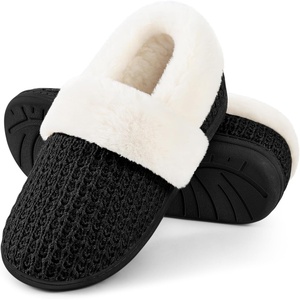 Evshine Fuzzy Memory Foam Slippers for Women Closed Back Knit House Shoes(Deep Black)