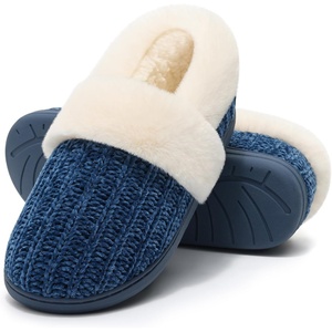 Evshine Fuzzy Memory Foam Slippers for Women Closed Back Knit House Shoes(Navy)